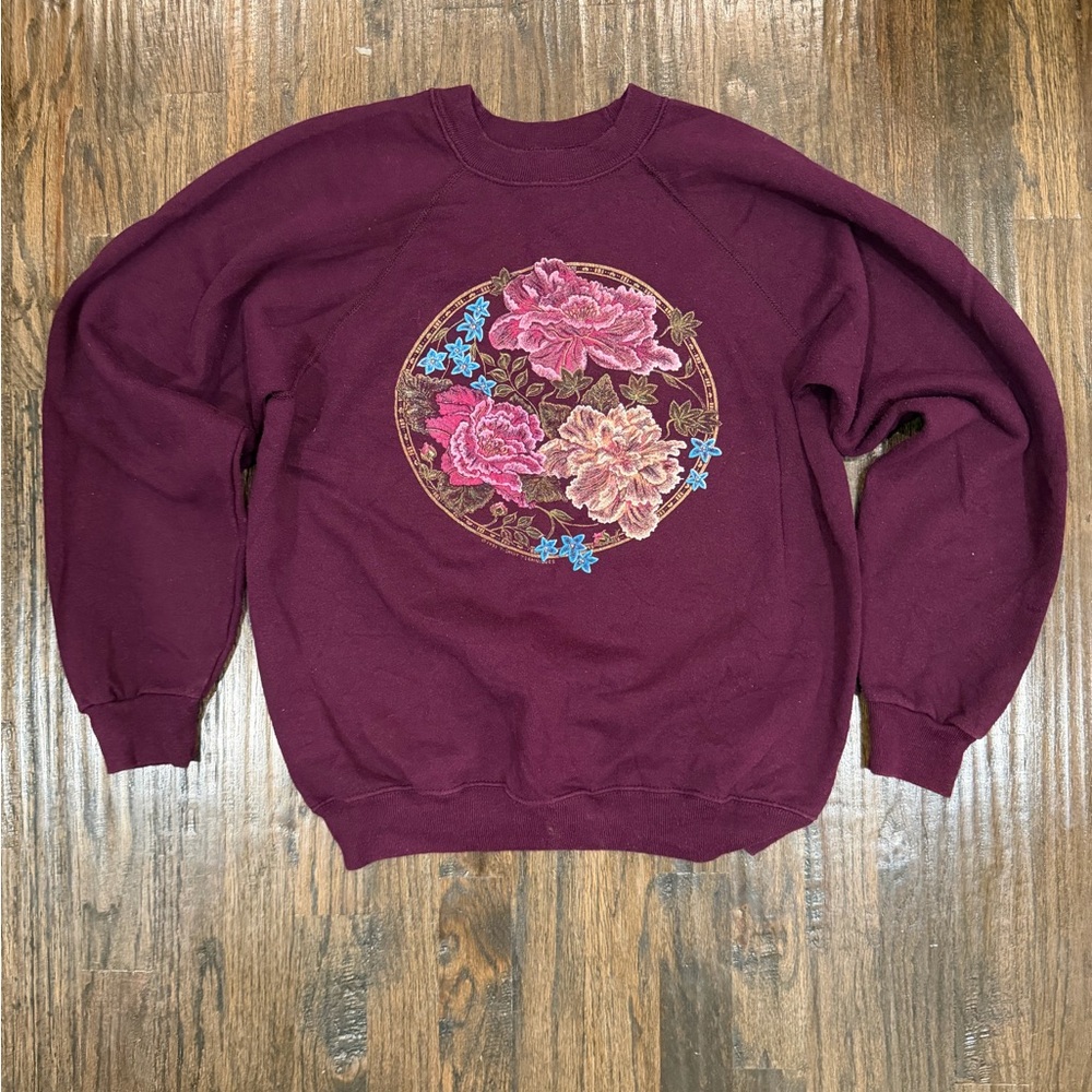 Vintage Hanes Burgundy Crewneck Sweatshirt with Floral pattern